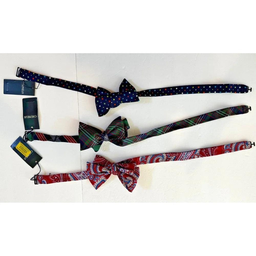 Cremieux Bow tie 100% Silk Plaid Paisley Dots Red Green Blue NEW Set 3
